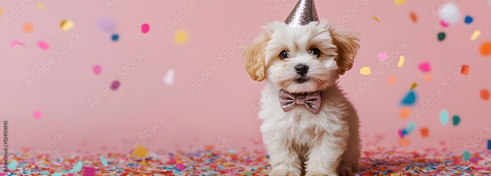 Poster a fluffy puppy wearing a sparkly bowtie and party hat, surrounded by colorful confetti with a soft p