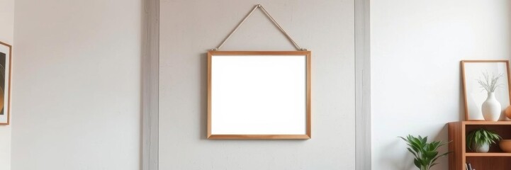 A rustic wooden picture frame suspended in the center of a blank room, vertical, art, home