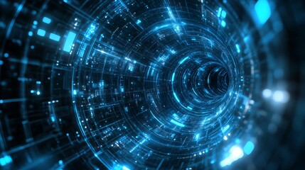 Obraz premium Futuristic abstract technology background featuring intricate digital circuit patterns, glowing blue and purple light effects, geometric shapes, dynamic lines, and modern design elements