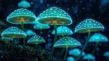 Fototapeta premium Here's a description and keywords for your image.. Glowing bioluminescent mushrooms in a dark forest at night.