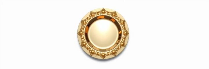 A shiny gold plate with a perfectly round hole in the center, reflecting light beautifully, decorative, isolated, shiny