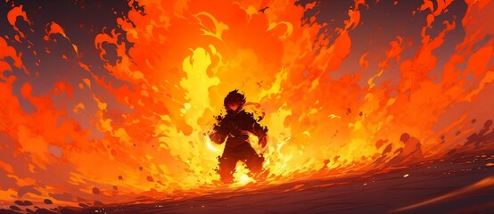 Fototapeta premium Heroic Firefighter Silhouette Braving Blazing Inferno in Digital