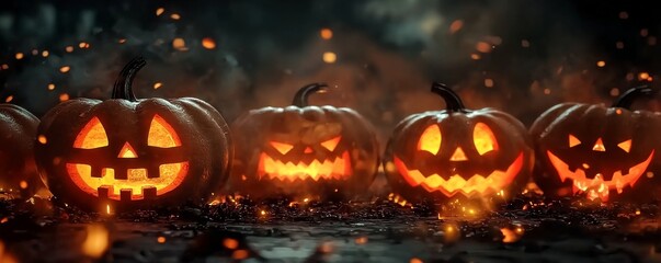 Fototapeta premium A row of carved pumpkins glows eerily in the dark, creating a spooky Halloween atmosphere with flickering lights and mist.