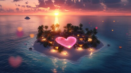 Romantic heart-shaped tropical island at sunset with stunning ocean view