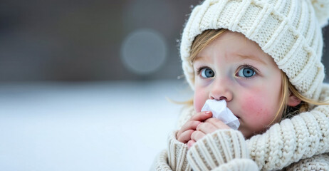 Close up of child wearing hat and scarf, blowing his nose into handkerchief on frosty winter background. Concept of season of colds, runny nose