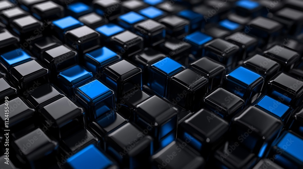 Poster abstract 3d rendering of black and blue cubes.