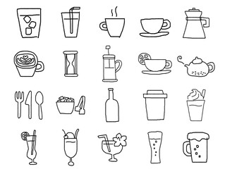 飲み物関連のゆるい手描きアイコンのセット_黒アウトライン