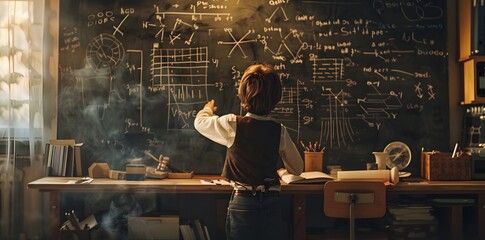A young boy is writing on the blackboard with chalk, surrounded by mathematical formulas and charts, Generative AI