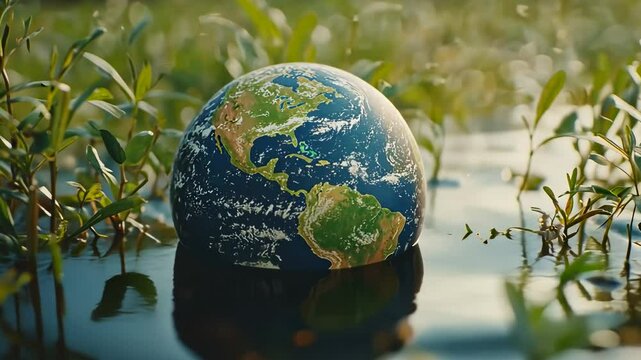 Earth Globet in Serenity Surrounded by Lush Greenery and Gentle Water Ripples in Nature