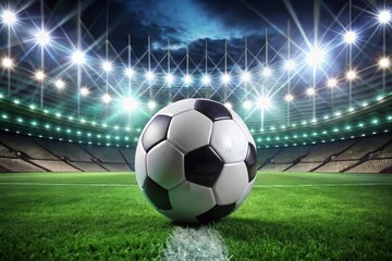 Fototapeta premium Closeup and bottom view of a leather soccer ball in a soccer field stadium illuminated for a night match