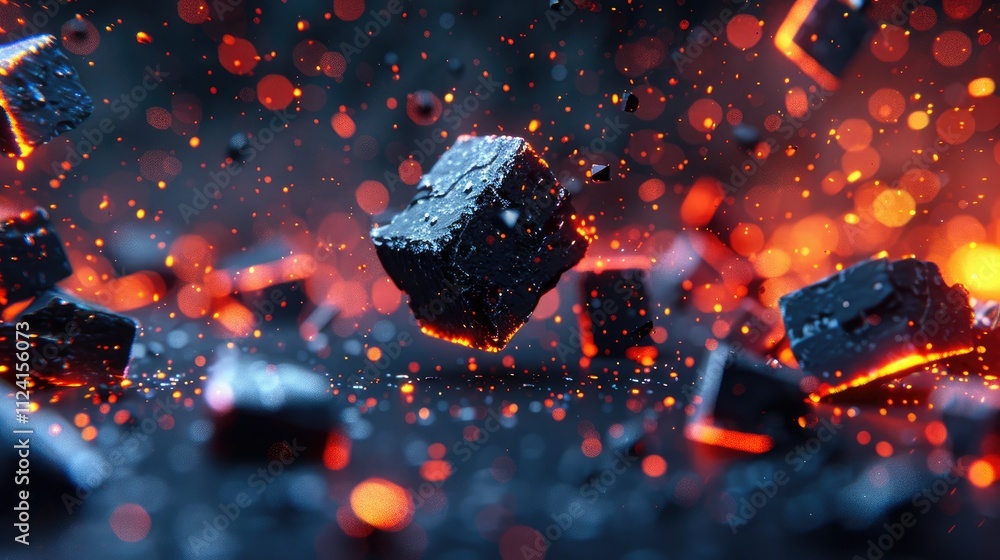 Poster the image depicts glowing embers and floating charred cubes, creating a vibrant scene of fire and he
