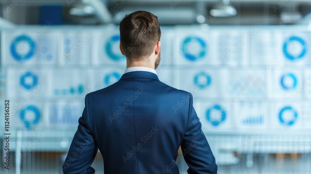 Poster a suited man stands with his back to a wall filled with graphs and charts, symbolizing data analysis