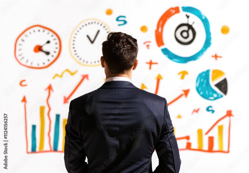 Poster a businessman analyzes colorful charts and graphs, symbolizing data-driven decision-making and strat
