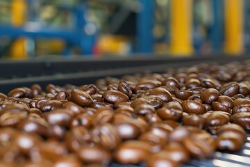 Fototapeta premium A close-up of roasted coffee beans on a conveyor belt in a processing facility, showcasing their rich color and texture.
