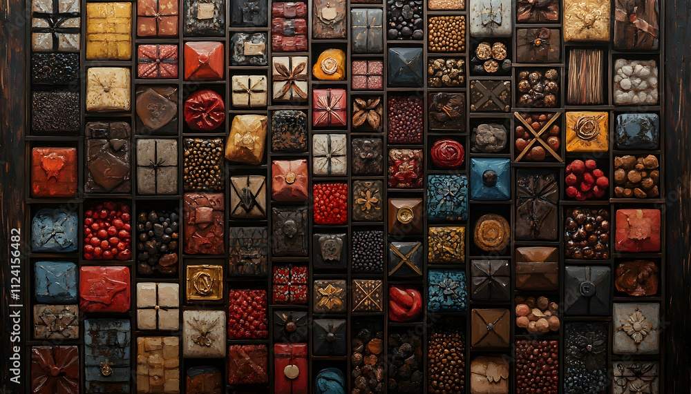 Poster a curated collection of diverse, intricately designed small objects in a wooden display case.