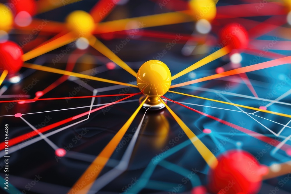 Poster a close-up view of colorful network connections, featuring a central yellow node surrounded by red a