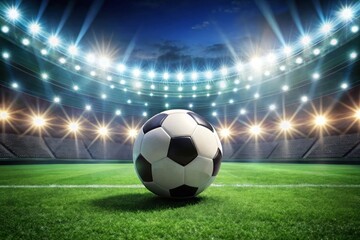 Closeup and bottom view of a leather soccer ball in a soccer field stadium illuminated for a night match