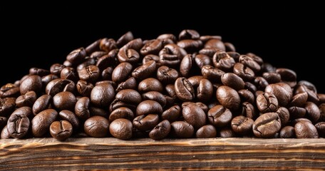 Fototapeta premium A close-up of a mound of rich, dark coffee beans resting on a wooden surface, highlighting their texture against a black background.
