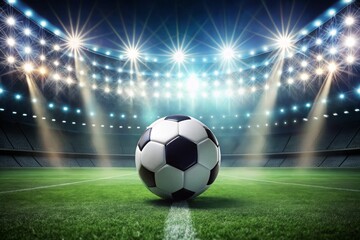 Fototapeta premium Closeup and bottom view of a leather soccer ball in a soccer field stadium illuminated for a night match