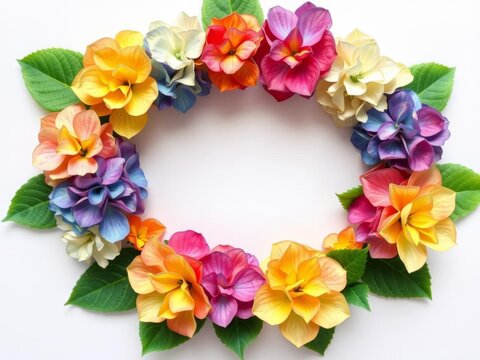Vibrant hydrangea wreath with multicolor watercolor petals on soft style white background, blank middle, blank, wreath, watercolor