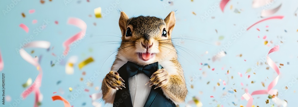 Poster a fluffy squirrel in a festive tuxedo, surrounded by party streamers against a soft pastel backgroun