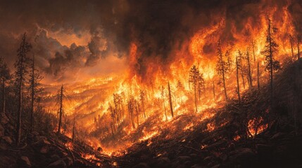 Wildfire devastation forest area natural disaster smoky terrain aerial view environmental crisis