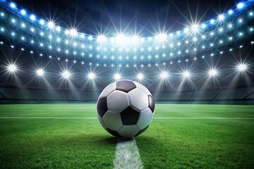 Naklejka premium Closeup and bottom view of a leather soccer ball in a soccer field stadium illuminated for a night match