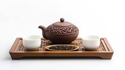 Fototapeta premium A calm Chinese tea set displayed on a wooden tray aga