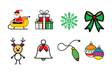 Fototapeta premium Santa Claus Sleigh, Gift Box, Snowflake, Bow, Reindeer, Bell, Light, Baubles Christmas Set Vector Illustration