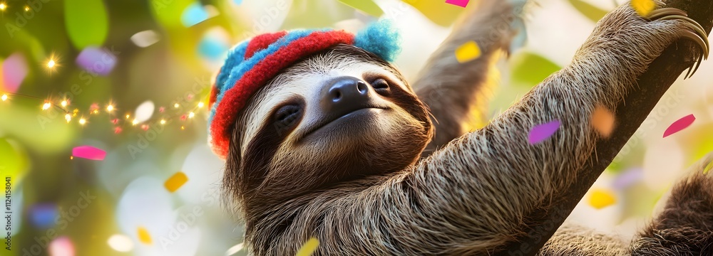 Aufkleber a sleepy sloth in a festive hat, hanging from a tree branch with colorful confetti in the background