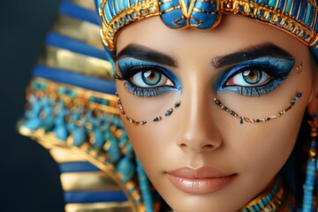 Abstract representation of egyptian goddess bastet and cleopatra with pyramids on dark background