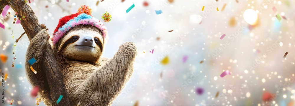 Aufkleber a sleepy sloth in a festive hat, hanging from a tree branch with colorful confetti in the background
