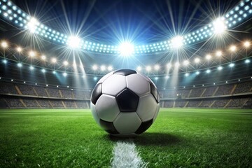 Fototapeta premium Soccer Ball in a Stadium with Lights. A classic black and white soccer ball on green grass in the center of a stadium, illuminated by spotlights