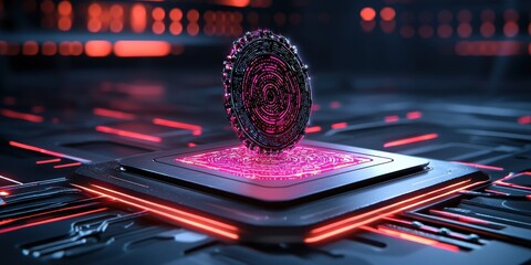 A futuristic digital representation of a human face emerging from a circuit board, illuminated by vibrant pink and red lights.