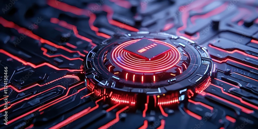 Poster a futuristic circuit board design featuring a glowing red circular element at its center, set agains