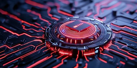 A futuristic circuit board design featuring a glowing red circular element at its center, set against a dark background.
