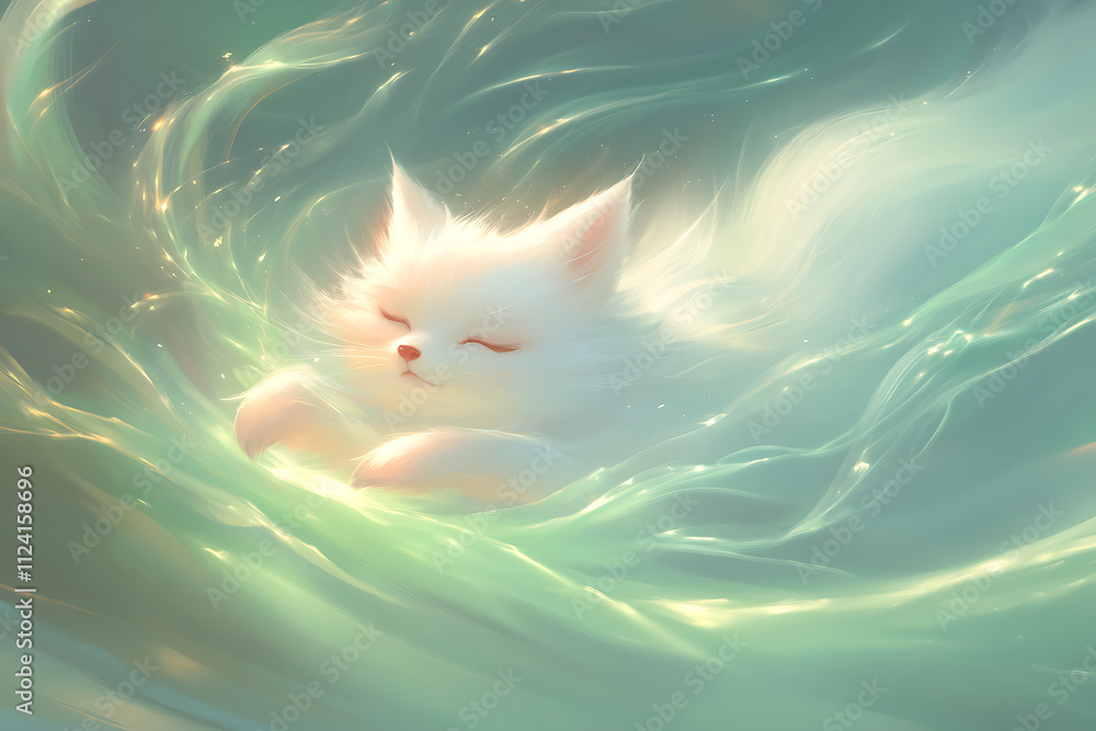 Poster white cat floats peacefully in a dreamy, ethereal setting with soft glowing elements.