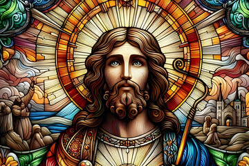 Obraz premium Abstract and creative image of Nativity scence of Stained Glass Jesus