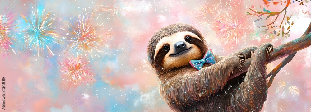 Poster a joyful sloth in a festive new year is bowtie, hanging from a branch with fireworks exploding behin