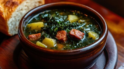 Bowl of homemade spinach soup with smoked sausage and potatoes in rustic style. caldo verde