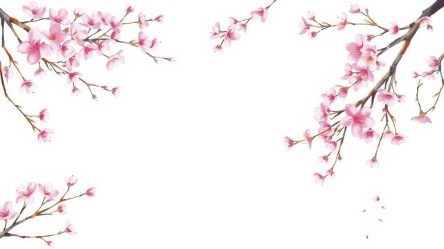 Watercolour illustration of pink cherry blossom branches creating a frame with space in the middle for text or design, painting, pink, branches