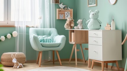 Creative and Relaxing Child’s Room with Mint Armchair, White Desk, and Eucalyptus Walls