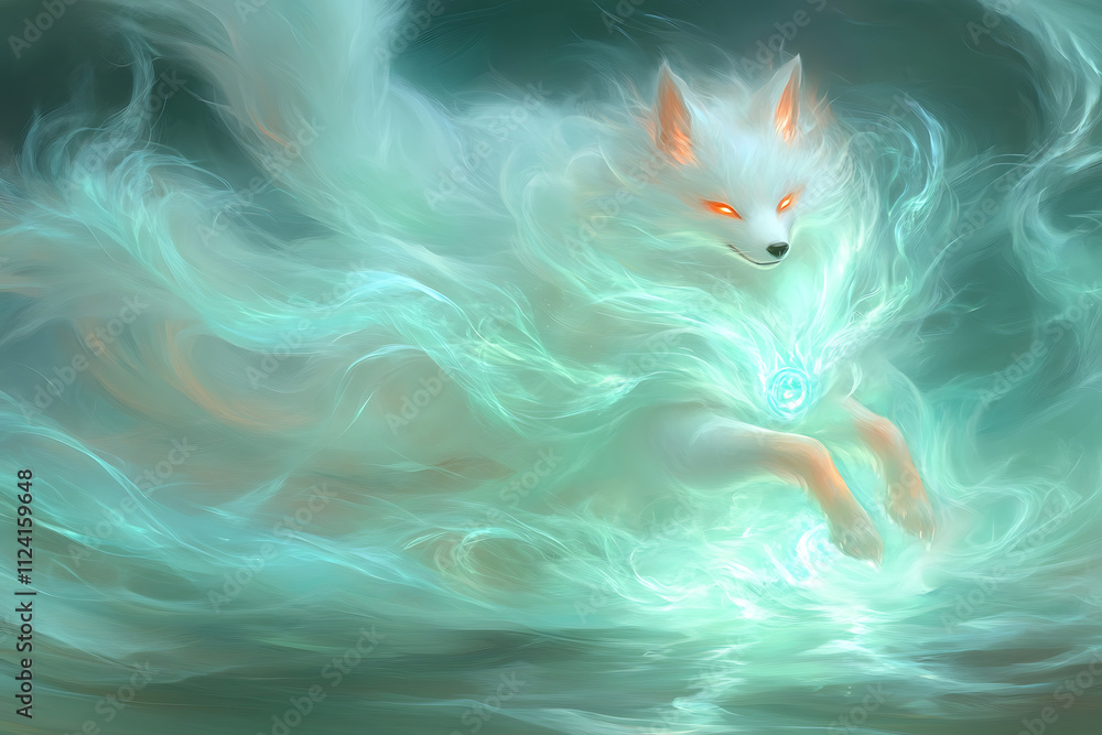 Poster white fox feathers flutter amidst a beautiful and delicate background.