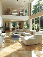 Sunlit modern living room with high ceilings, large windows, and beige furniture.