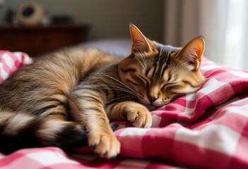 Sleeping brown domestic cat on bed, lazily sprawled in a vintage checkered blanket