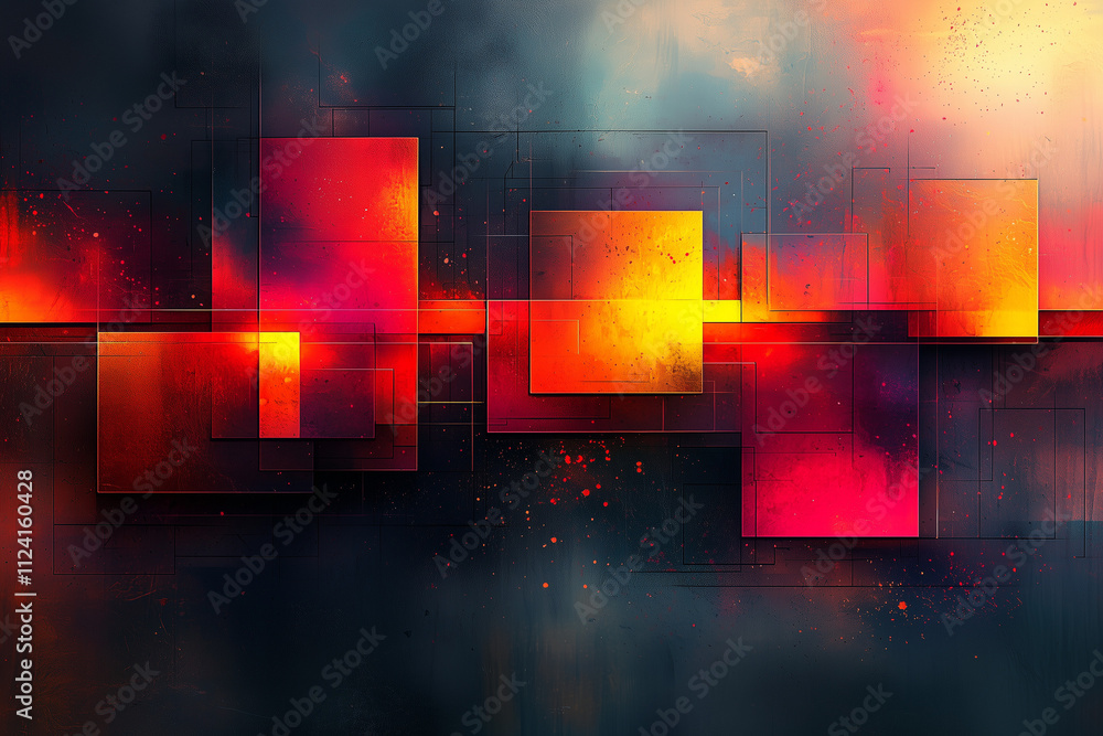 Wall mural floating geometric blocks in red and orange hues against a dark misty background, creating a mysteri