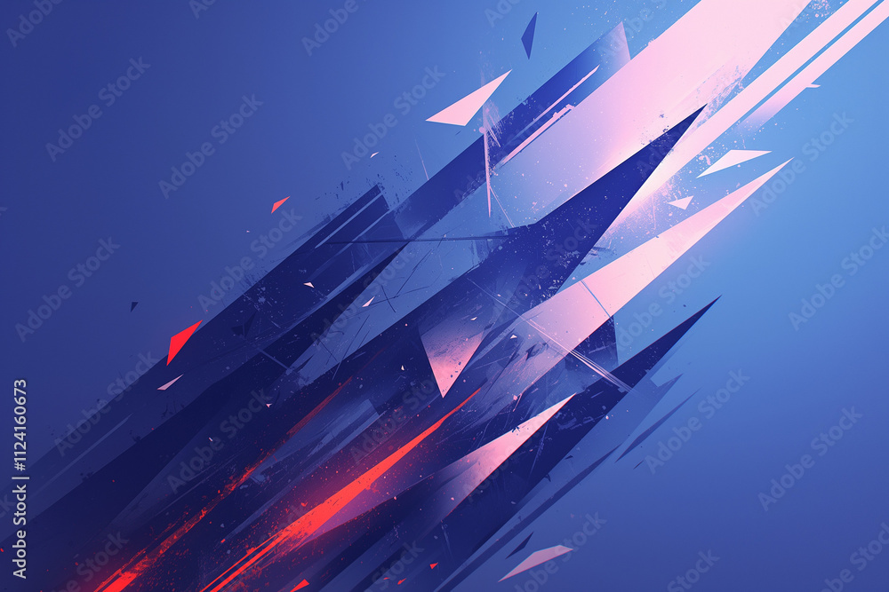Wall mural abstract art depicting sharp geometric shards in a fiery explosion of blues and reds