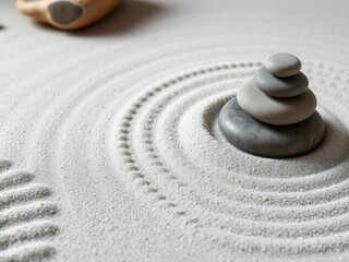 Zen garden meditation stone background with carefully arranged stones and raked lines in sand promoting relaxation, balance, harmony, spirituality, and spa wellness, stones, sand, background