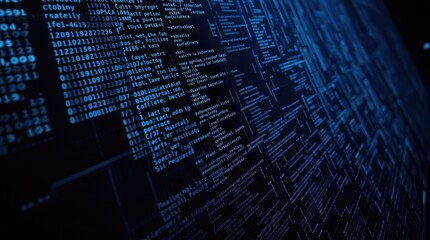 A digital display showcasing binary code and data structures on a dark background.
