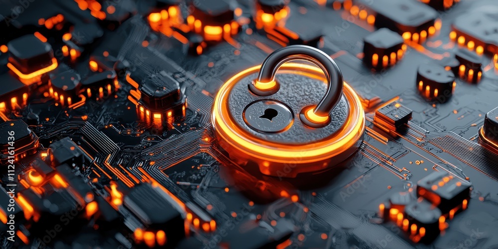 Poster a close-up view of a futuristic circuit board featuring a glowing padlock, representing cybersecurit